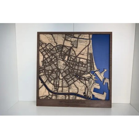 Mapa de madera de Valencia con relieve urbano y mar en color azul