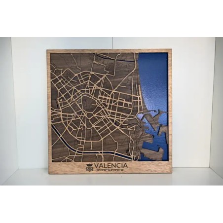 Mapa de madera de Valencia grabado sobre madera natural con detalle de calles