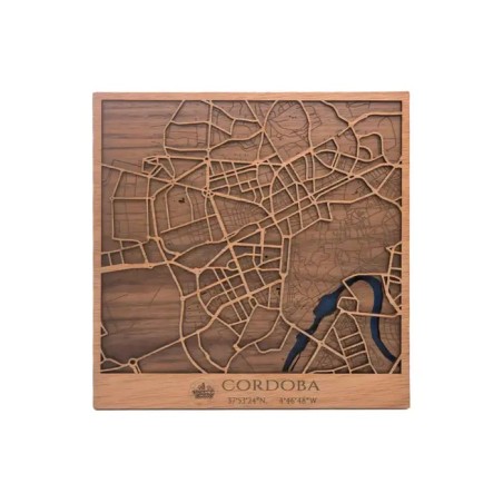 Mapa urbano de Córdoba en madera natural para decoración de pared