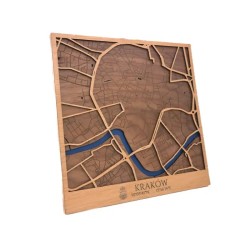 Mapa de madera de Cracovia grabado con calles y diseño decorativo