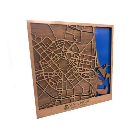 Mapa de Valencia en madera con diseño elegante y detalle urbano