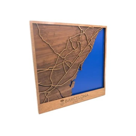 Mapa urbano de Barcelona en madera natural para decoración de pared