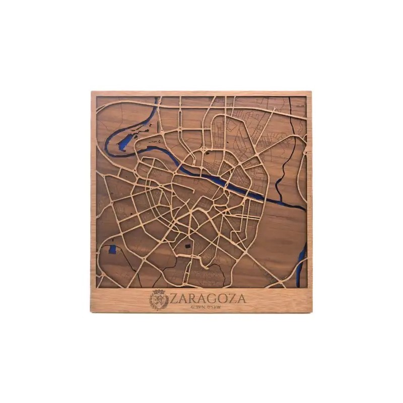 Mapa urbano de Zaragoza en madera natural para decoración de pared