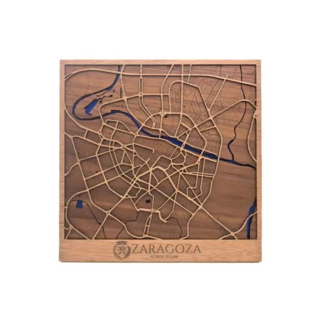 Mapa urbano de Zaragoza en madera natural para decoración de pared