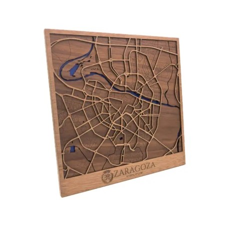 Mapa urbano de Zaragoza en madera natural para decoración de pared