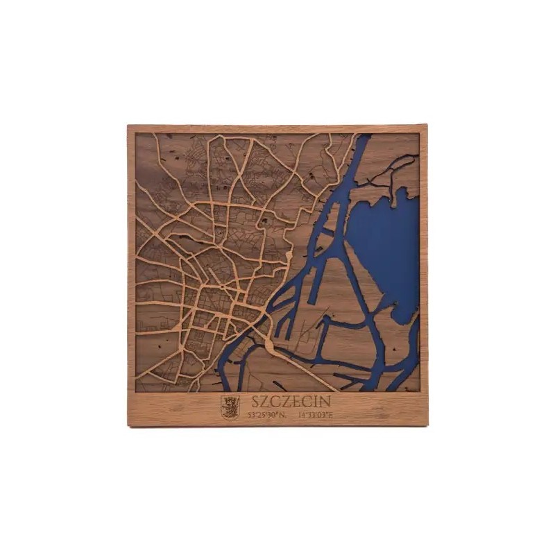 Mapa de Szczecin en madera natural con diseño urbano en relieve y zonas fluviales