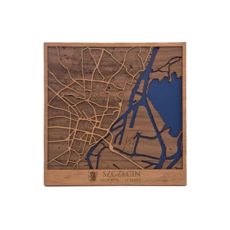 Mapa de Szczecin en madera natural con diseño urbano en relieve y zonas fluviales