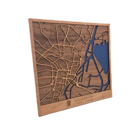 Plano decorativo de Szczecin en madera con detalle de ríos y calles