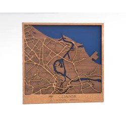 Mapa de Gdańsk en madera natural con diseño urbano en relieve