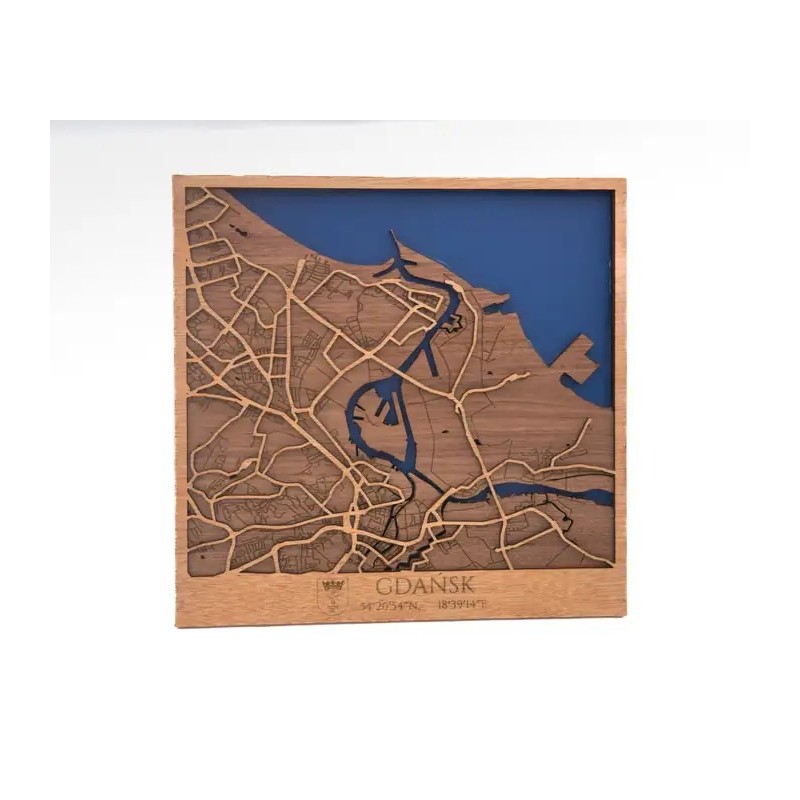 Mapa de Gdańsk en madera natural con diseño urbano en relieve