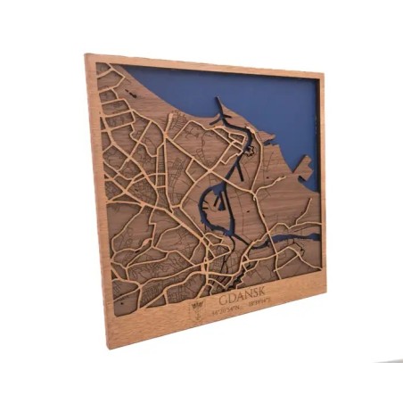 Plano decorativo de Gdańsk en madera con detalle costero