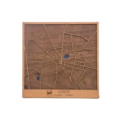 Mapa de Łódź en madera natural con diseño urbano en relieve