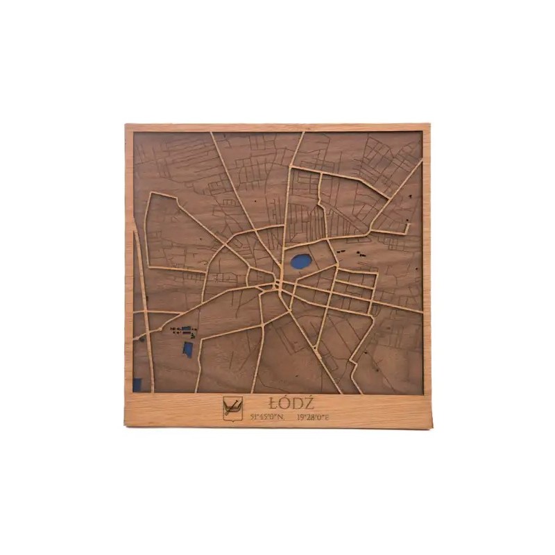 Mapa de Łódź en madera natural con diseño urbano en relieve