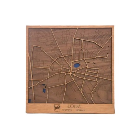 Mapa de Łódź en madera natural con diseño urbano en relieve