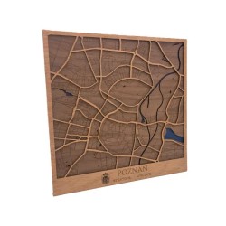 Plano decorativo de Poznań en madera con detalle del río Warta