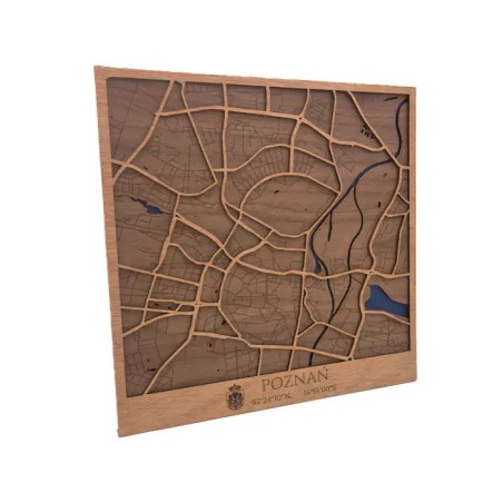 Plano decorativo de Poznań en madera con detalle del río Warta