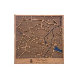 Mapa de Poznań en madera natural con diseño urbano en relieve