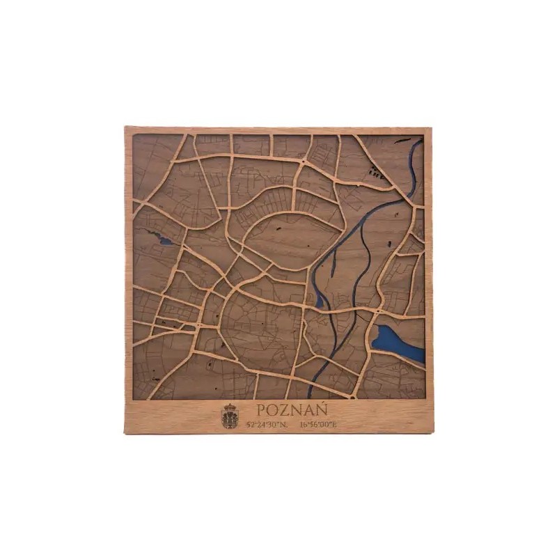 Mapa de Poznań en madera natural con diseño urbano en relieve