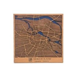 Mapa de Wrocław en madera natural con diseño urbano en relieve