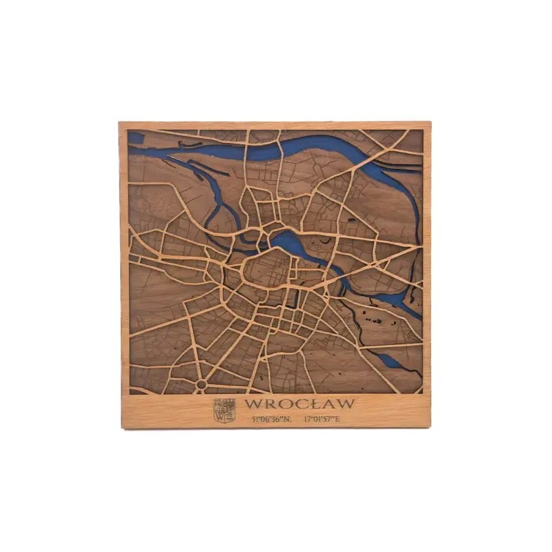 Mapa de Wrocław en madera natural con diseño urbano en relieve