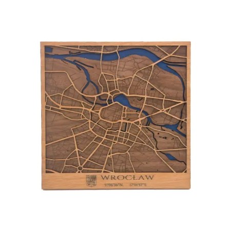 Mapa de Wrocław en madera natural con diseño urbano en relieve