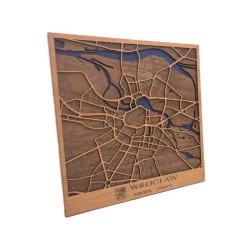 Plano decorativo de Wrocław en madera con detalle del río Oder