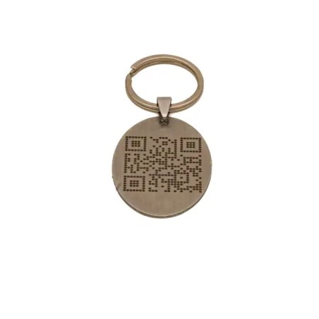 Placa redonda para mascota con código QR grabado y anilla metálica
