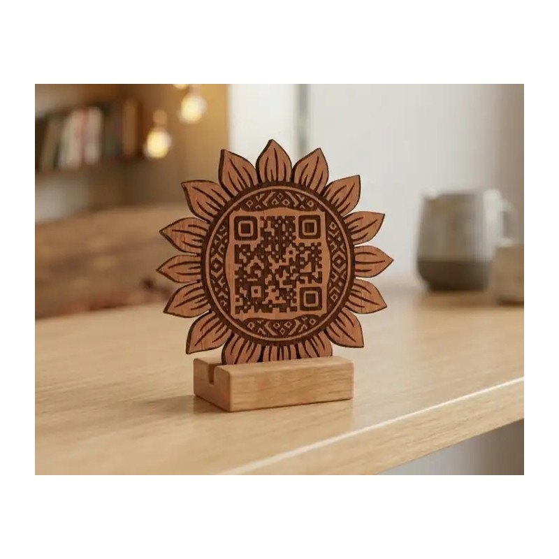 QR decorativo en madera oscura con diseño de girasol
