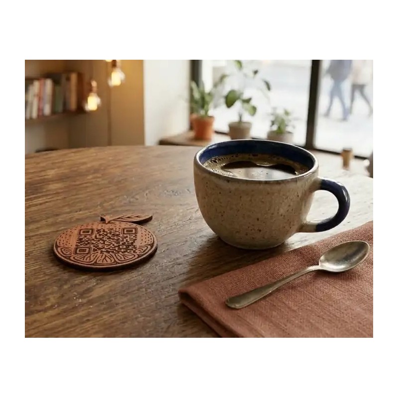 Etiqueta decorativa de madera con forma de naranja y QR grabado