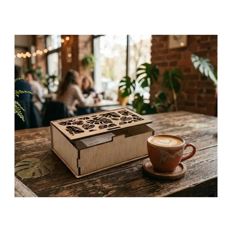 Caja para cuentas de madera con diseño decorativo calado.