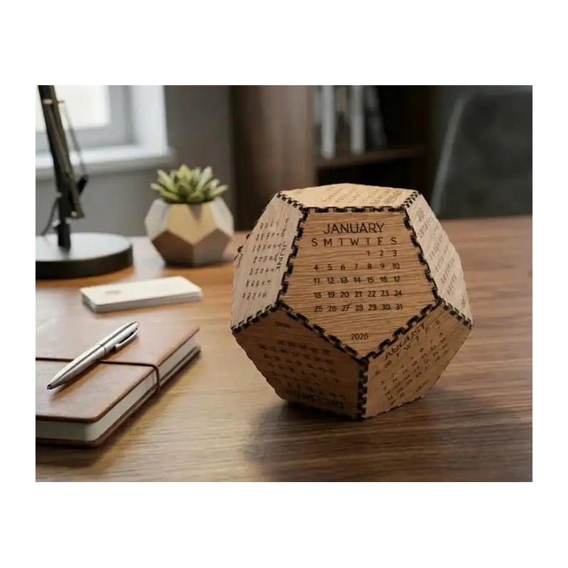 Calendario perpetuo de madera grabado con diseño geométrico