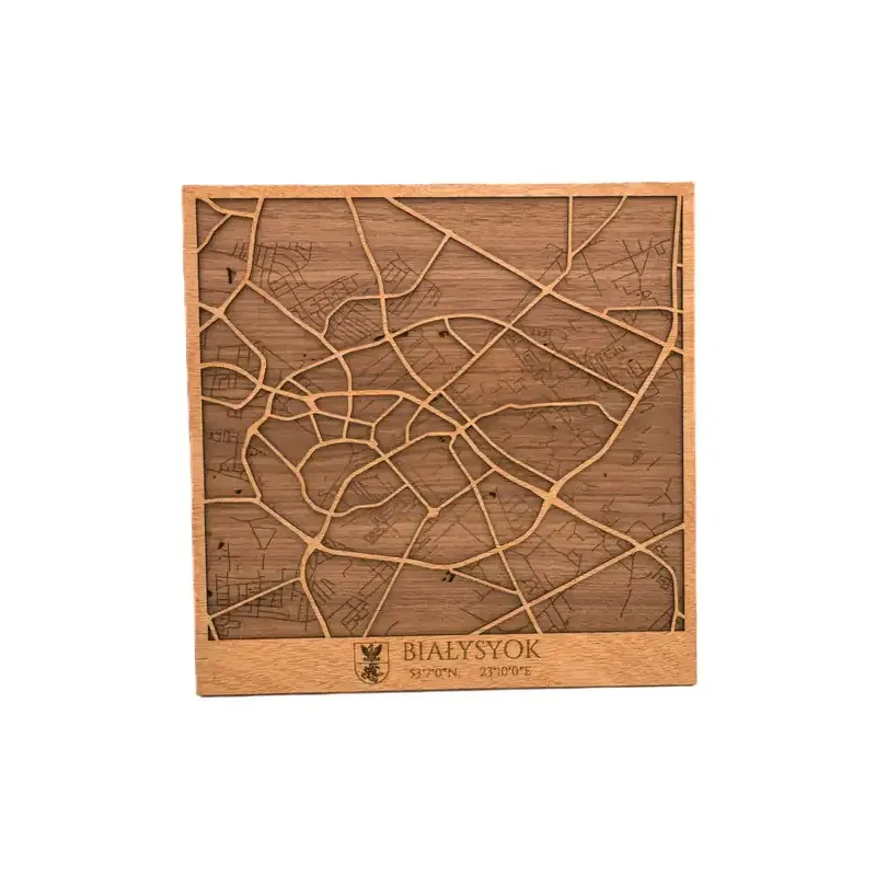 Mapa de Białystok en madera natural con diseño urbano en relieve