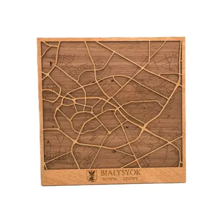 Mapa de Białystok en madera natural con diseño urbano en relieve