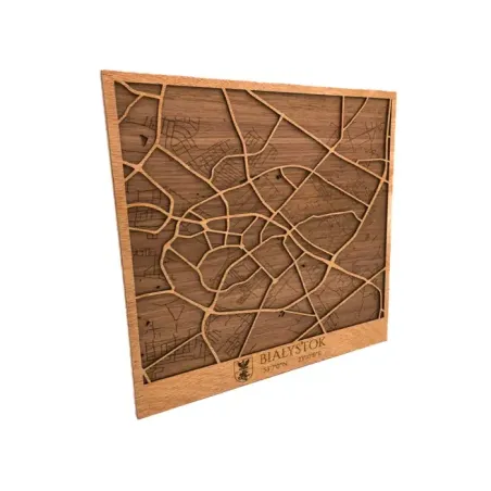 Plano decorativo de Białystok en madera con estructura de calles