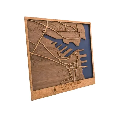 Mapa del puerto de Gdynia en madera con diseño náutico en relieve