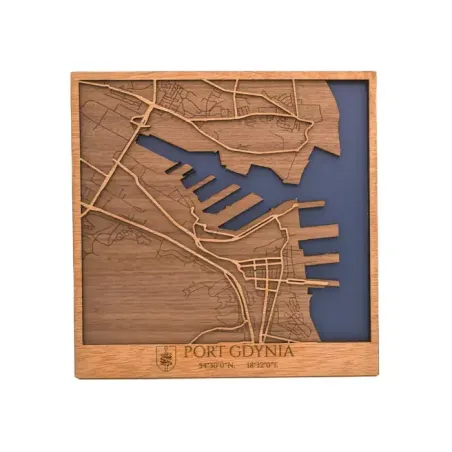 Plano decorativo de Port Gdynia en madera con detalle de muelles