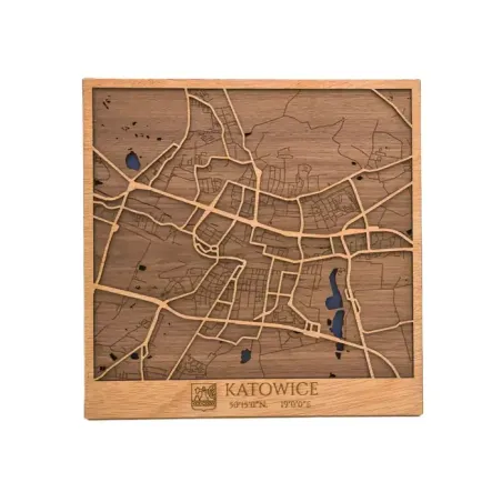 Mapa de Katowice en madera con diseño urbano en relieve