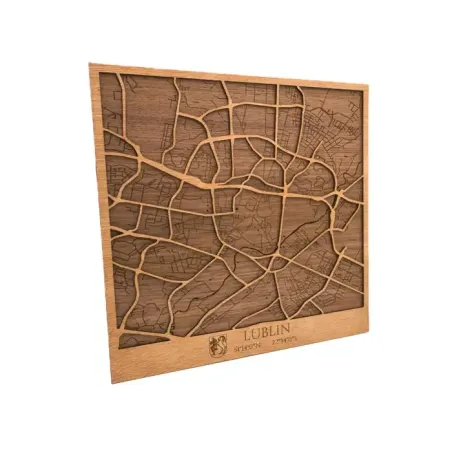 Mapa de Lublin en madera con diseño urbano en relieve