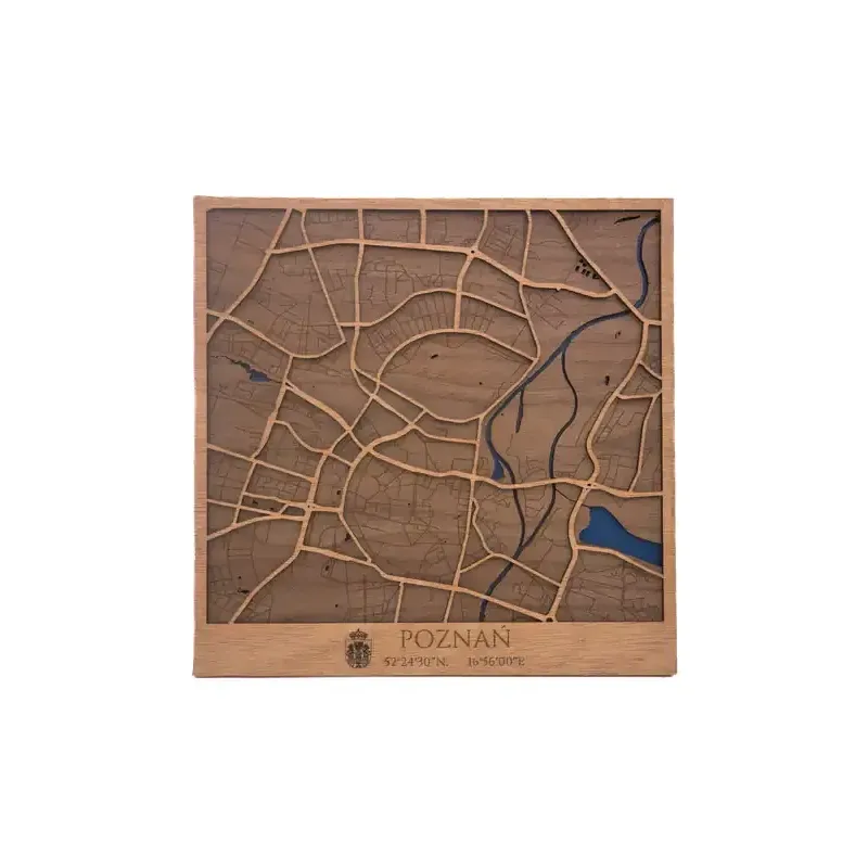 Mapa de Poznań en madera con diseño urbano en relieve