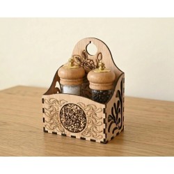 Organizador de cocina en madera con molinillos de sal y pimienta