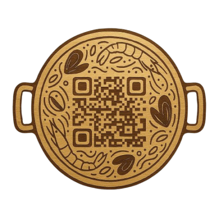 “Salvamanteles de madera con forma de paellera y código QR”