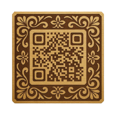 “Placa de madera con diseño cuadrado floral y código QR”
