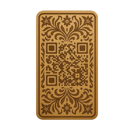 “Placa decorativa de madera con diseño barroco y código QR”