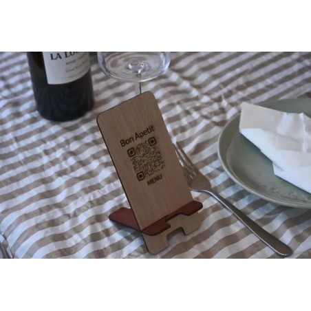 Soporte Mesa QR Menu Restaurante | Atril Madera Grabado | Oksamyt